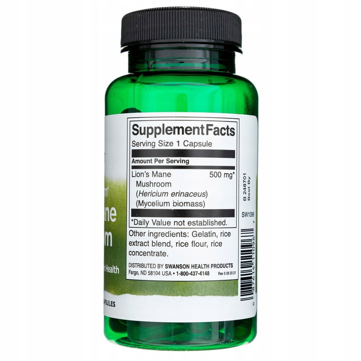 Swanson Lion's Mane 500 mg Imunitetui, Atminčiai, Stresui, 60kaps.