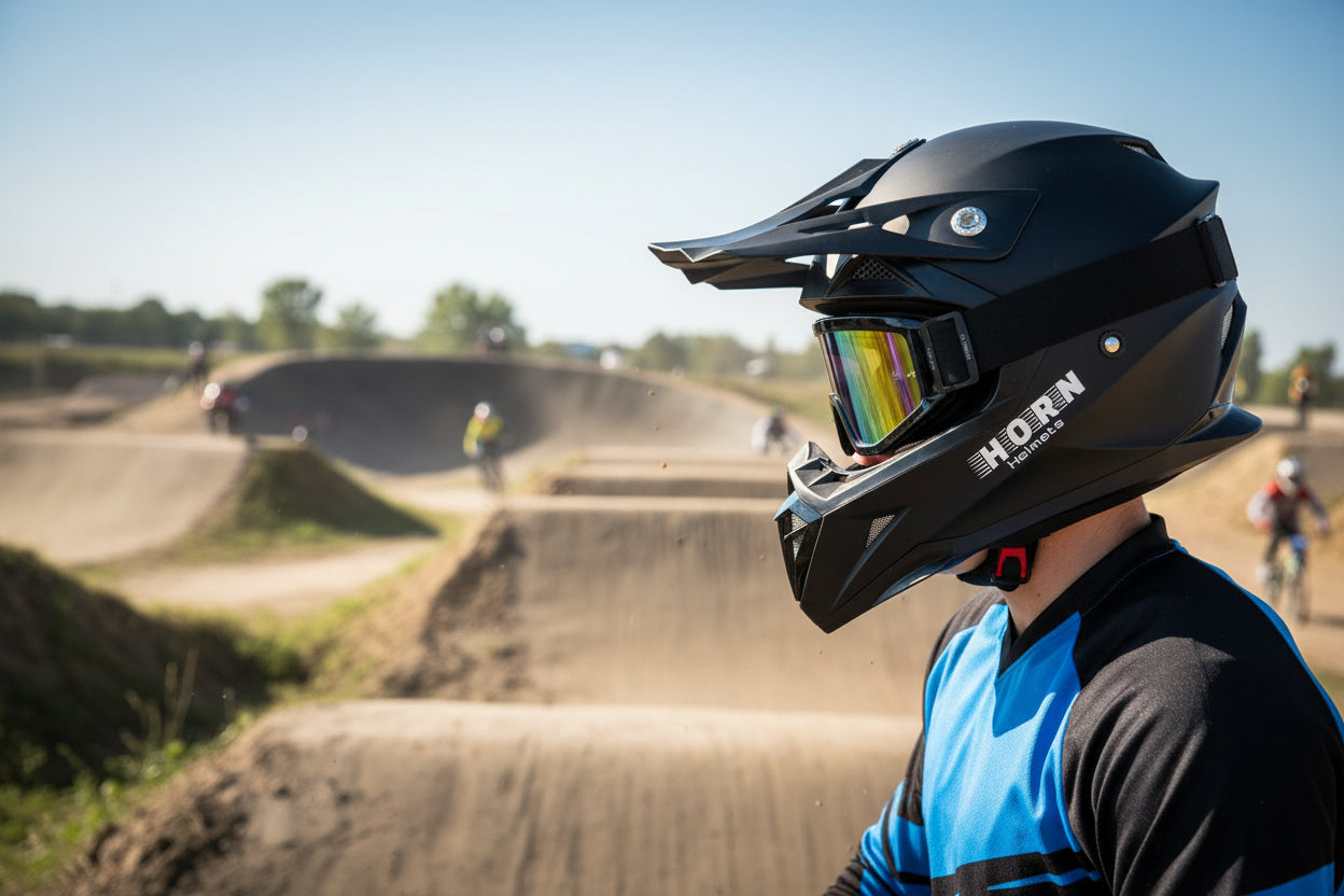 Cross motokroso keturračių BMX motociklų šalmas + akiniai