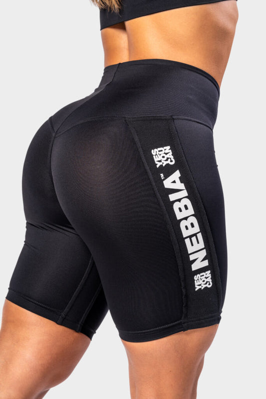 NEBBIA Side Stripe Biker šortai aukštu liemeniu, Juodi