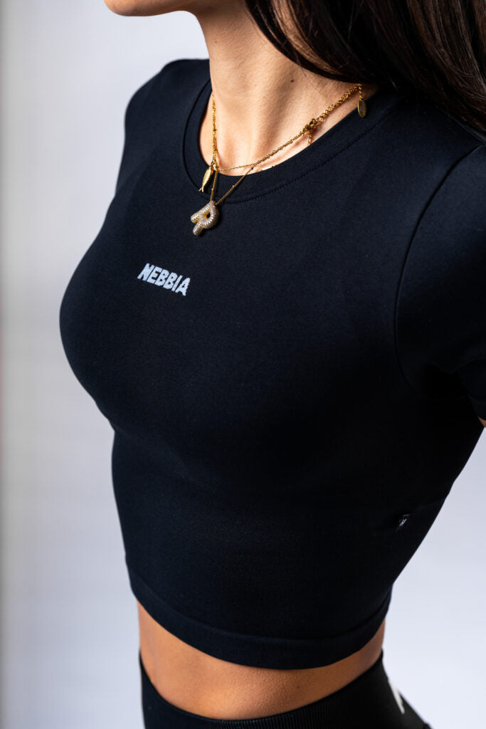 NEBBIA Top POWER Crop Top Palaidinė trumpomis rankovėmis, Juoda