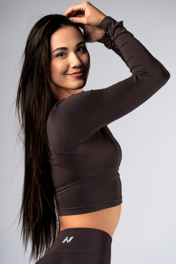 NEBBIA Top POWER Crop Top Palaidinė ilgomis rankovėmis, Ruda 