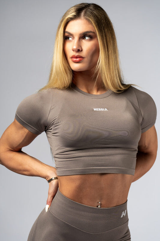 NEBBIA Top POWER Crop Top Palaidinė trumpomis rankovėmis, Rusva