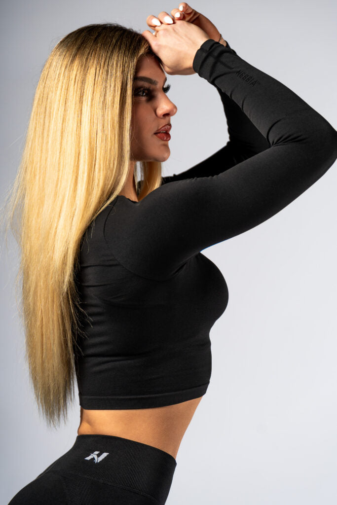 NEBBIA Top POWER Crop Top Palaidinė ilgomis rankovėmis, Juoda