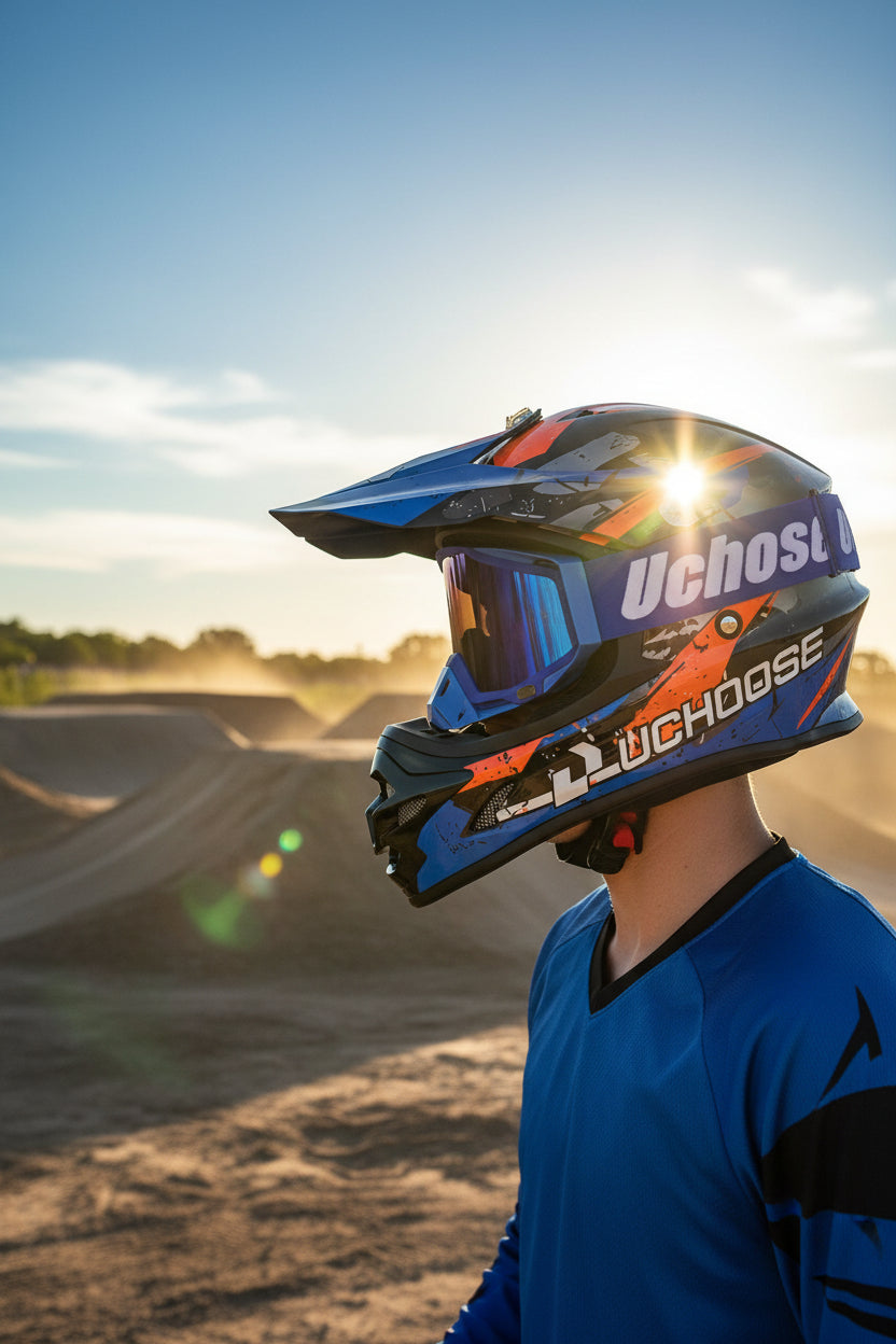 Krosinis pilno veido šalmas BMX, Motokrosui + akiniai, pirštinės, Mėlynas