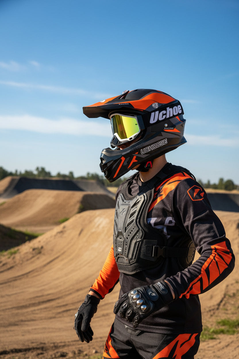 Krosinis pilno veido šalmas BMX, Motokrosui + akiniai, pirštinės