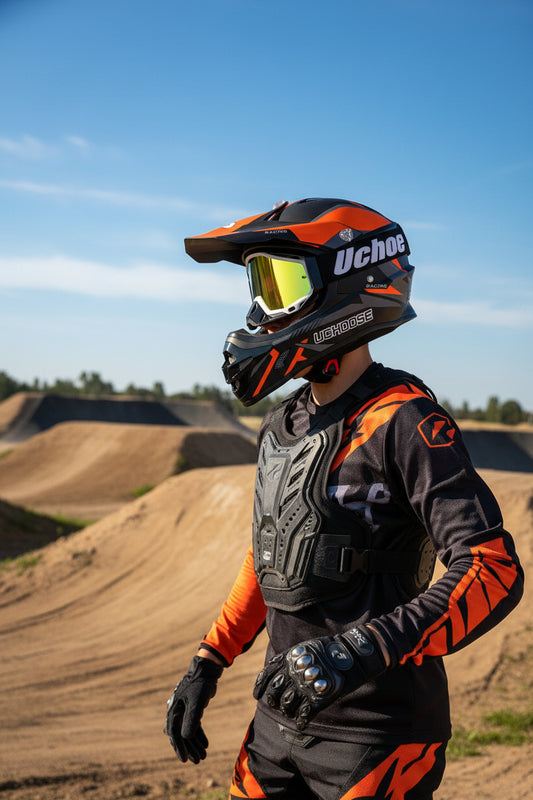 Krosinis pilno veido šalmas BMX, Motokrosui + akiniai, pirštinės
