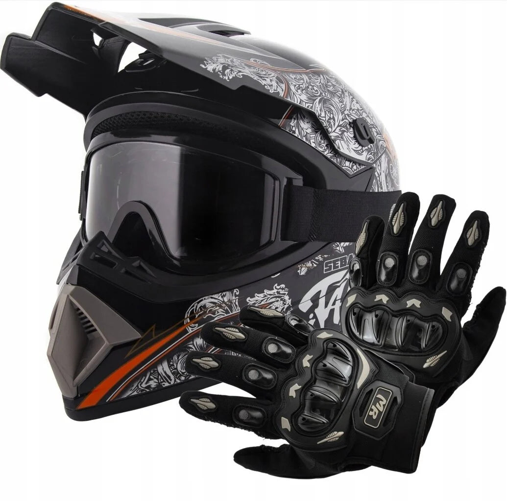 Dviračių, BMX, Enduro, motokroso šalmas + pirštinės + balaklava + akiniai