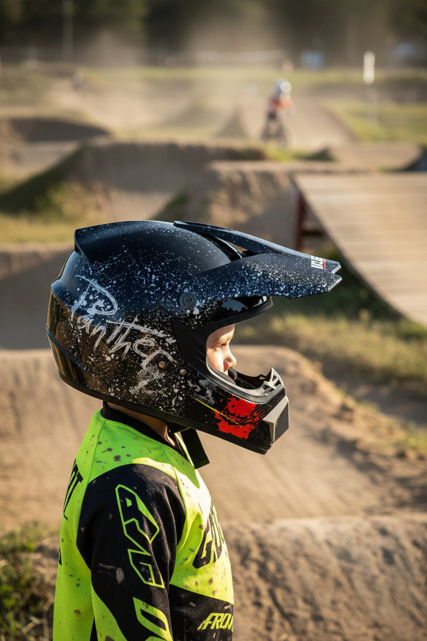 Motokroso BMX šalmas, komplektas vaikams + akiniai + pirštinės