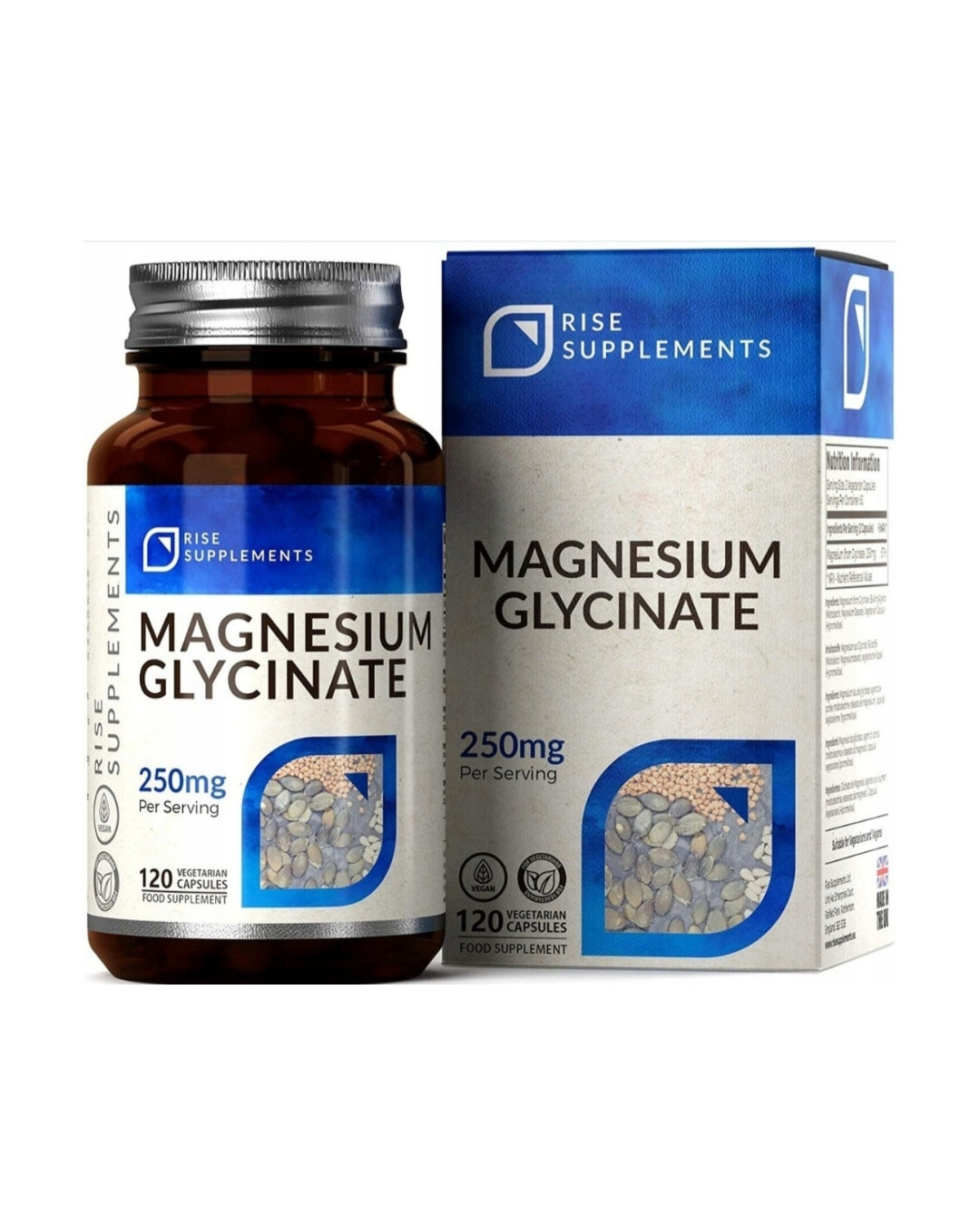 Rise Supplements Magnio glicinatas 120 kaps. 250 mg vienoje porcijoje 